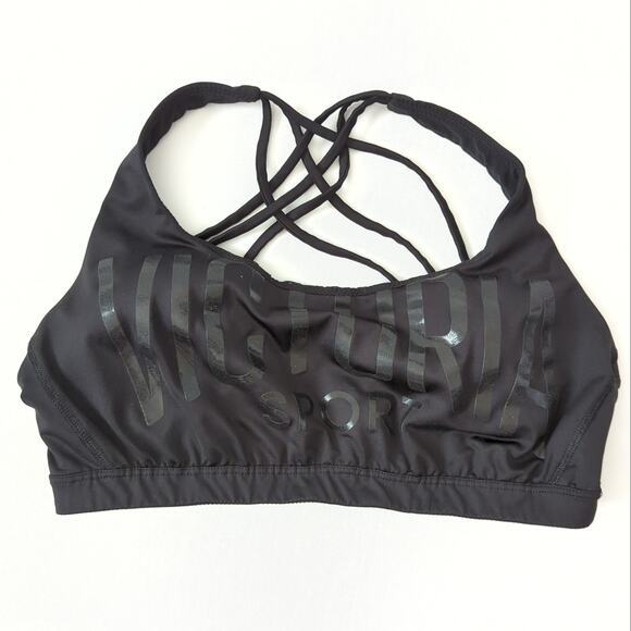Victoria's Secret Womens Sports Bra Black Large Spell Out Logo Strappy Crossover - Picture 1 of 5